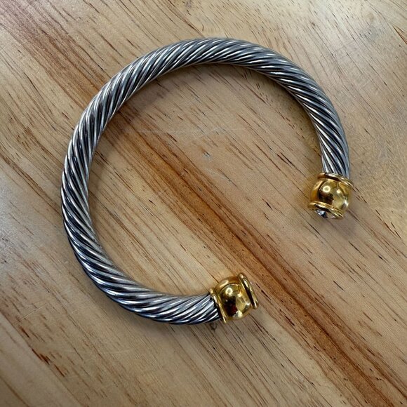 Classic Cable Twisted Wire Cuff Bracelet With Gold-Tone Ends & Clear Stone - Picture 5 of 11